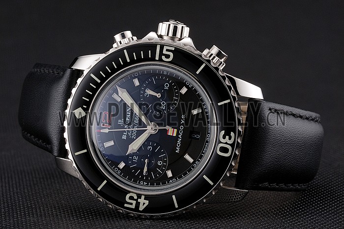 Swiss Blancpain Air Command Monaco YS Black Dial Stainless Steel Case Black Leather Strap