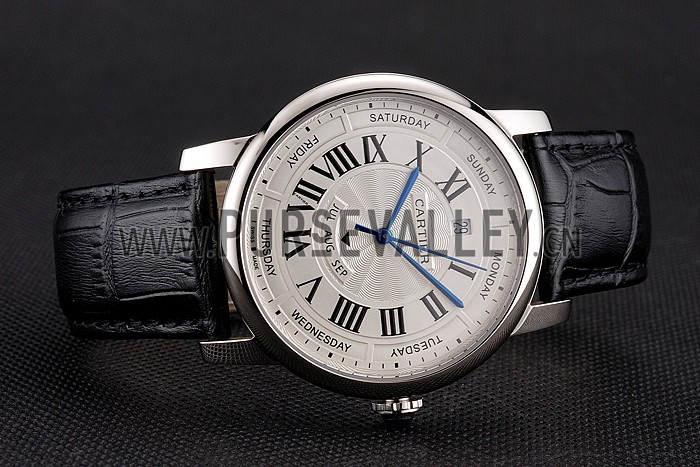 Swiss Cartier Rotonde Annual Calendar White Dial Stainless Steel Case Black Leather Strap