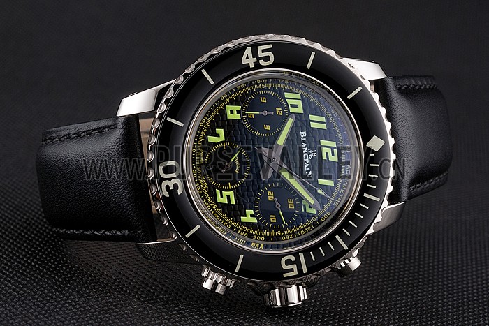 Swiss Blancpain Fifty Fathoms Flyback Chronograph Carbon Fiber Dial Stainless Steel Case Black Leather Strap