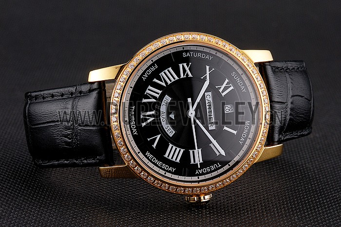 Swiss Cartier Rotonde Annual Calendar Black Dial Diamond Bezel Gold Case Black Leather Strap