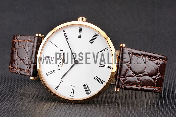 Swiss Longines Grande Classique White Dial Roman Numerals Gold Case Brown Leather Strap