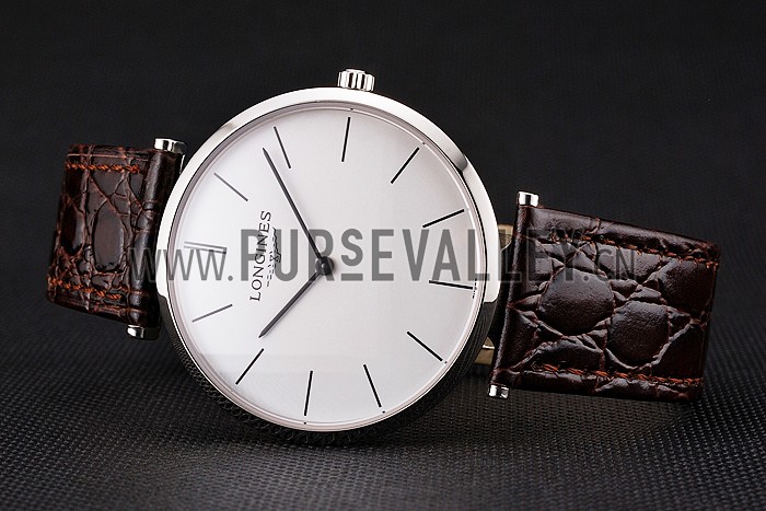 Swiss Longines Grande Classique White Dial Stainless Steel Case Brown Leather Strap