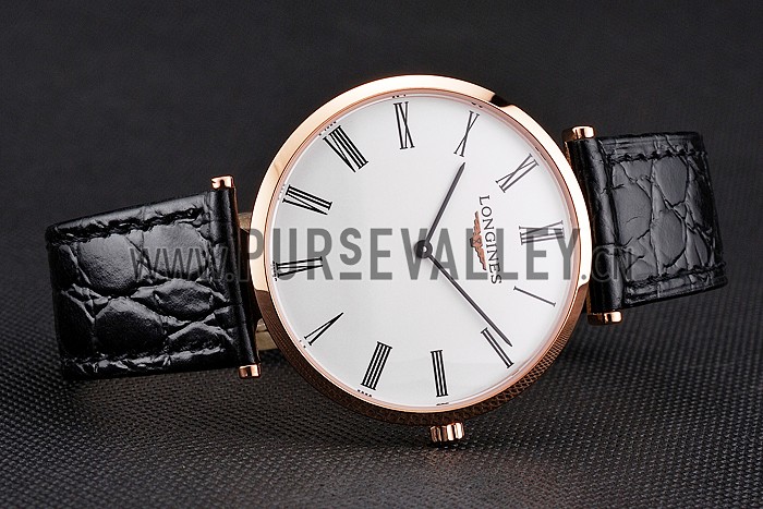 Swiss Longines Grande Classique White Dial Roman Numerals Rose Gold Case Black Leather Strap