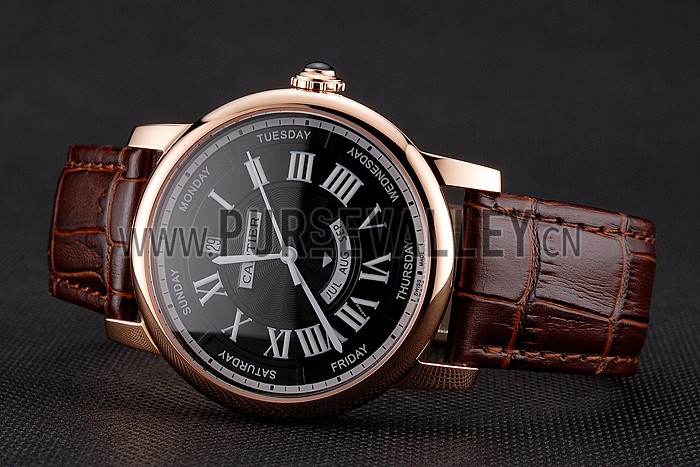 Swiss Cartier Rotonde Annual Calendar Black Dial Rose Gold Case Brown Leather Strap