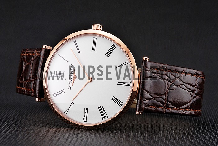 Swiss Longines Grande Classique White Dial Roman Numerals Rose Gold Case Brown Leather Strap