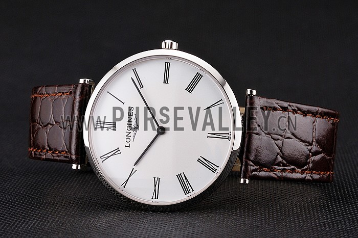 Swiss Longines Grande Classique White Dial Roman Numerals Stainless Steel Case Brown Leather Strap