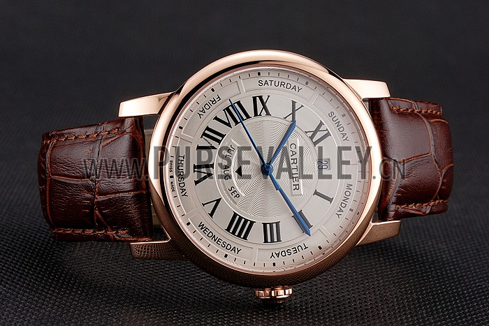 Swiss Cartier Rotonde Annual Calendar White Dial Rose Gold Case Brown Leather Strap
