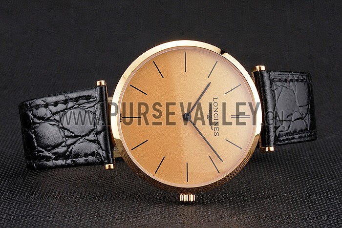 Swiss Longines Grande Classique Gold Dial Gold Case Black Leather Strap