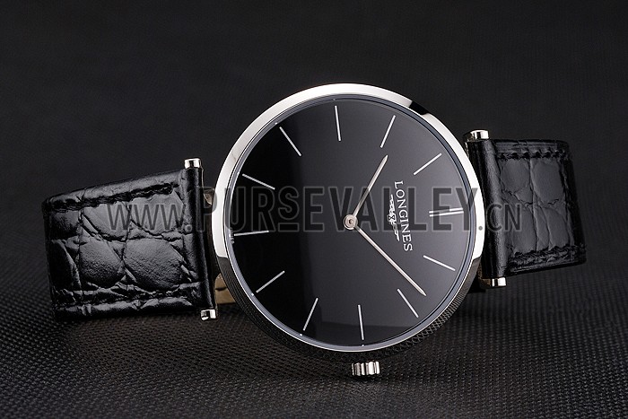 Swiss Longines Grande Classique Black Dial Stainless Steel Case Black Leather Strap
