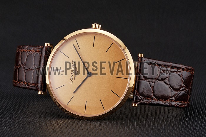 Swiss Longines Grande Classique Gold Dial Gold Case Brown Leather Strap