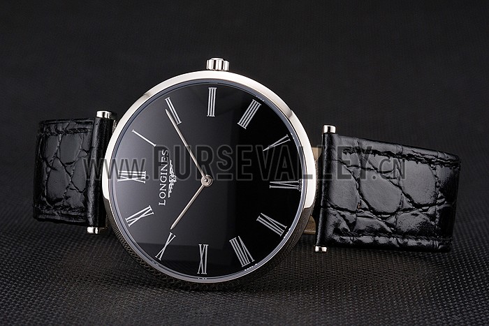 Swiss Longines Grande Classique Black Dial Roman Numerals Stainless Steel Case Black Leather Strap