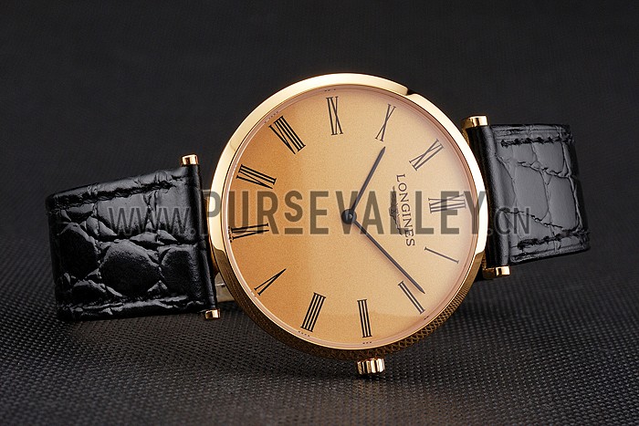 Swiss Longines Grande Classique Gold Dial Roman Numerals Gold Case Black Leather Strap