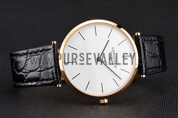Swiss Longines Grande Classique White Dial Gold Case Black Leather Strap