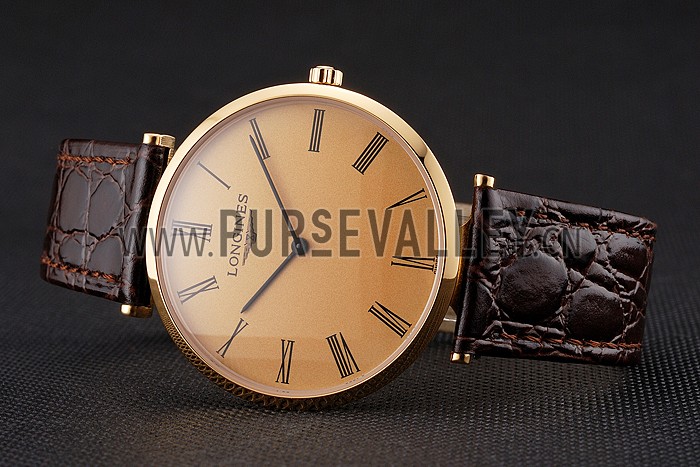 Swiss Longines Grande Classique Gold Dial Roman Numerals Gold Case Brown Leather Strap