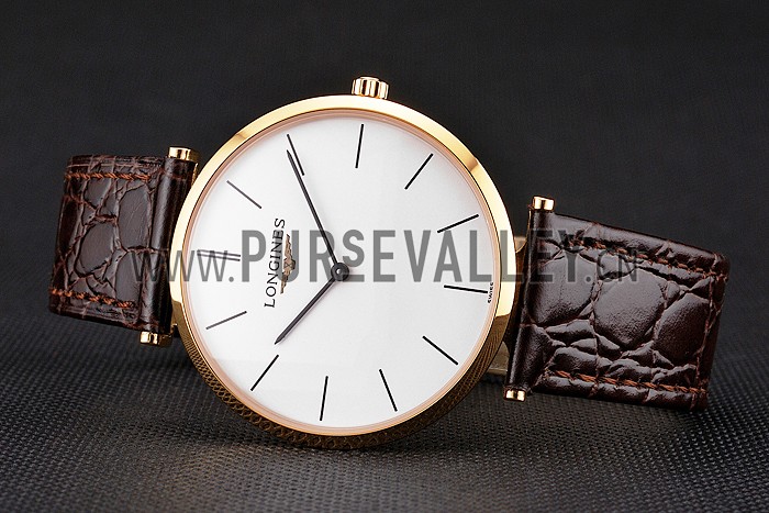 Swiss Longines Grande Classique White Dial Gold Case Brown Leather Strap