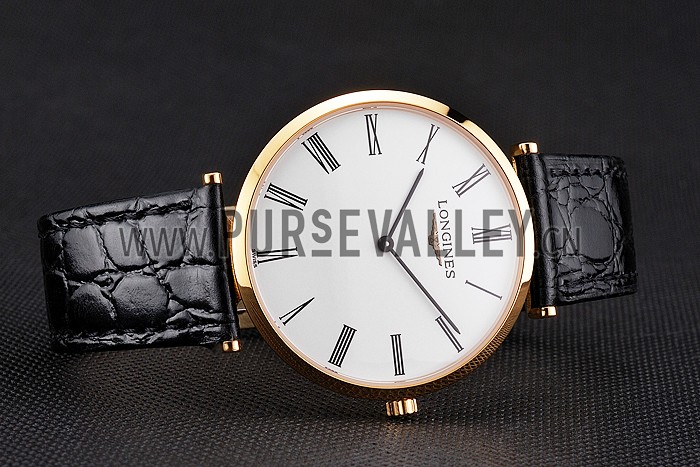 Swiss Longines Grande Classique White Dial Roman Numerals Gold Case Black Leather Strap