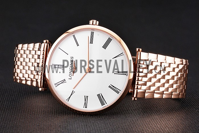 Swiss Longines Grande Classique White Dial Roman Numerals Rose Gold Case And Bracelet