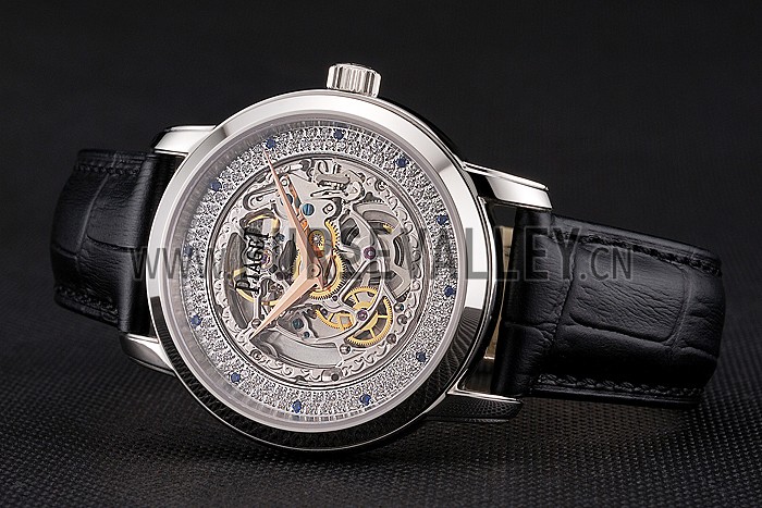 Swiss Piaget Altiplano Skeleton Dial With Diamonds Stainless Steel Case Black Leather Strap