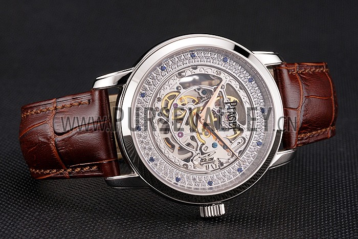 Swiss Piaget Altiplano Skeleton Dial With Diamonds Stainless Steel Case Brown Leather Strap