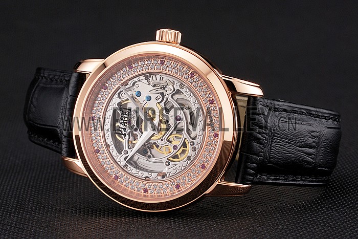 Swiss Piaget Altiplano Skeleton Dial With Diamonds Rose Gold Case Black Leather Strap