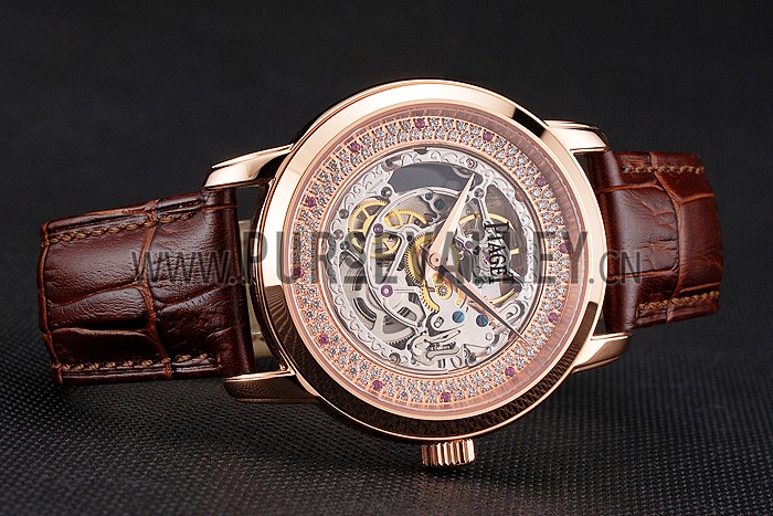 Swiss Piaget Altiplano Skeleton Dial With Diamonds Rose Gold Case Brown Leather Strap
