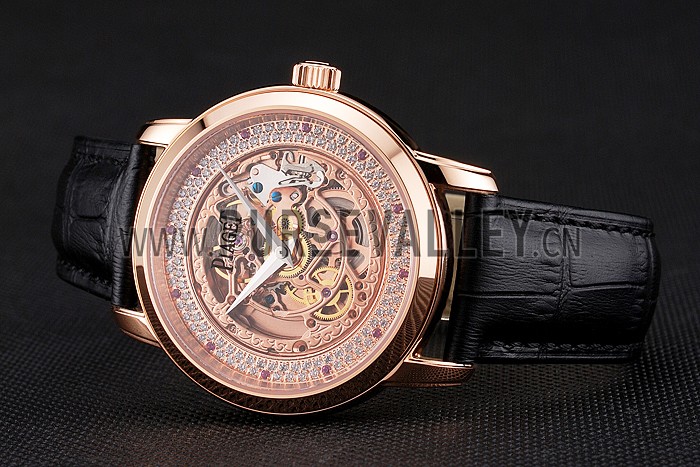 Swiss Piaget Altiplano Rose Gold Skeleton Dial With Diamonds Rose Gold Case Black Leather Strap