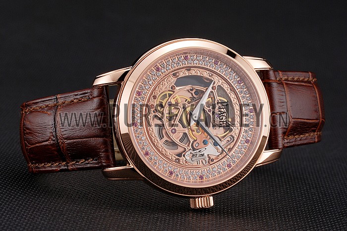 Swiss Piaget Altiplano Rose Gold Skeleton Dial With Diamonds Rose Gold Case Brown Leather Strap