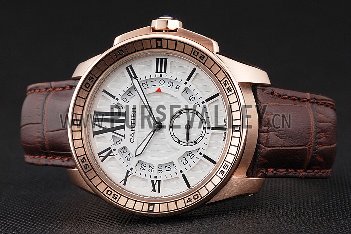 Cartier Calibre De Cartier Small Seconds White Dial Rose Gold Case Brown Leather Strap