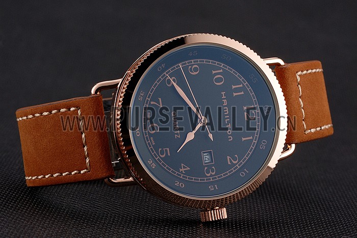 Hamilton Navy Pioneer Black Dial Rose Gold Case Brown Leather Strap