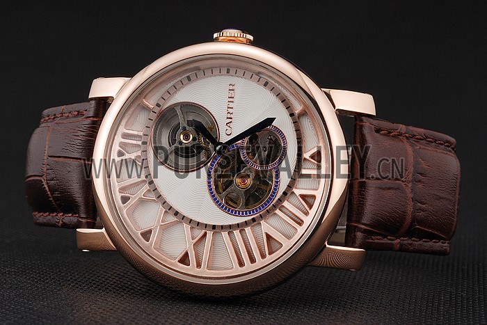 Cartier Rotonde De Cartier Flying Tourbillon White Dial Rose Gold Numerals Rose Gold Case Brown Leather Strap