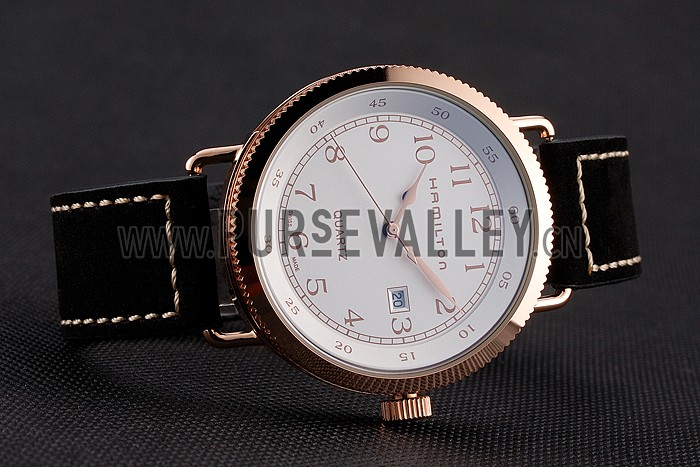 Hamilton Navy Pioneer White Dial Rose Gold Case Black Leather Strap