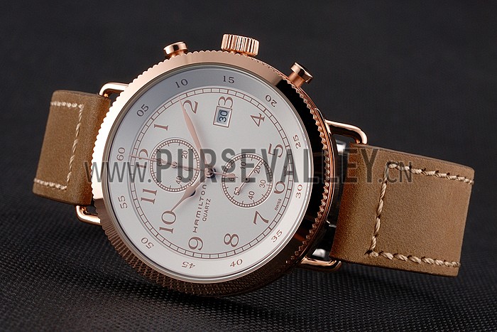 Hamilton Navy Pioneer Chrono White Dial Rose Gold Case Light Brown Leather Strap
