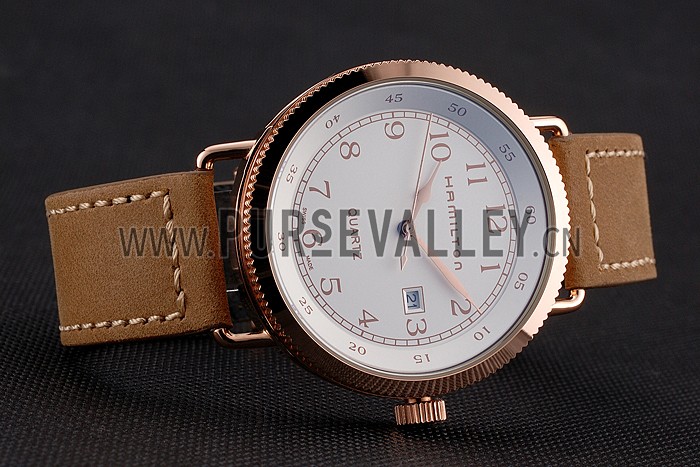 Hamilton Navy Pioneer White Dial Rose Gold Case Light Brown Leather Strap