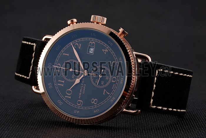 Hamilton Navy Pioneer Chrono Black Dial Rose Gold Case Black Leather Strap
