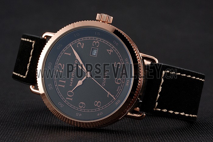Hamilton Navy Pioneer Black Dial Rose Gold Case Black Leather Strap