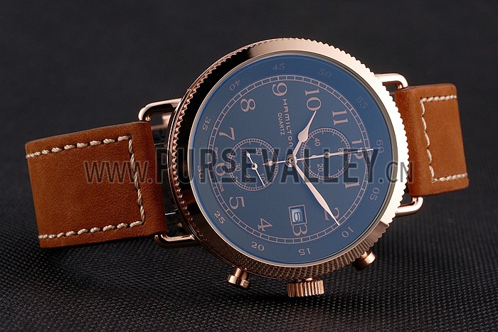 Hamilton Navy Pioneer Chrono Black Dial Rose Gold Case Brown Leather Strap