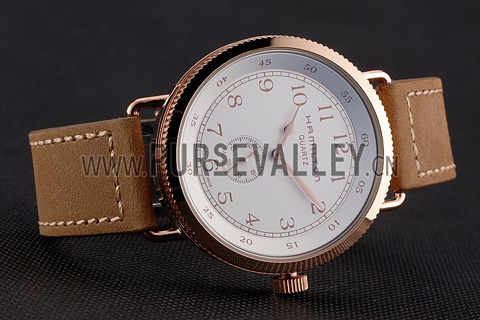 Hamilton Navy Pioneer Small Second White Dial Rose Gold Case Light Brown Leather Strap