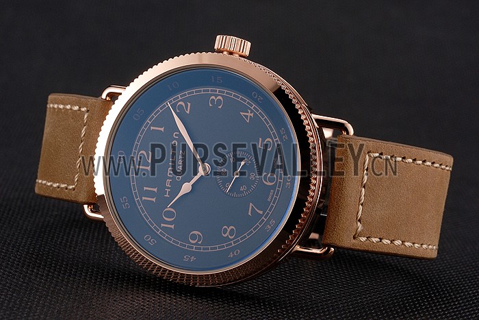 Hamilton Navy Pioneer Small Second Black Dial Rose Gold Case Light Brown Leather Strap