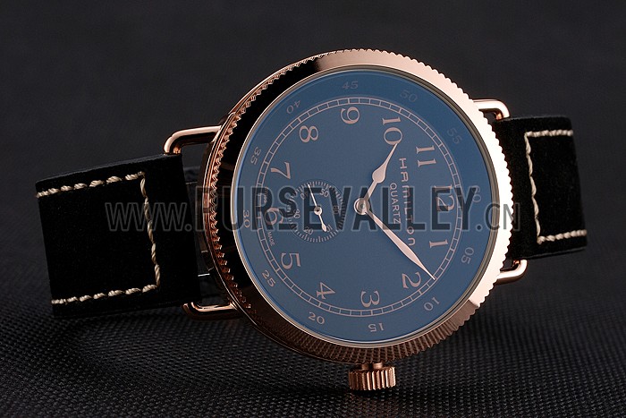 Hamilton Navy Pioneer Small Second Black Dial Rose Gold Case Black Leather Strap