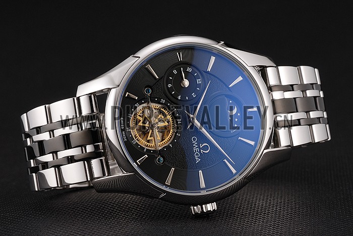 Omega De Ville Moonphase Tourbillon Black Dial Stainless Steel Case Two Tone Black Steel Bracelet