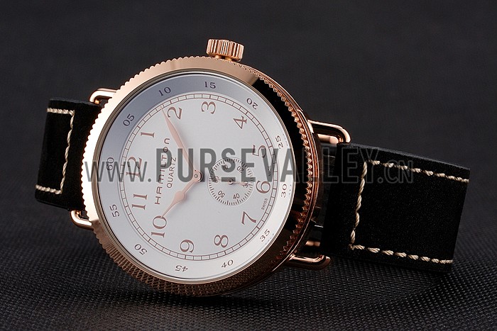 Hamilton Navy Pioneer Small Second White Dial Rose Gold Case Black Leather Strap