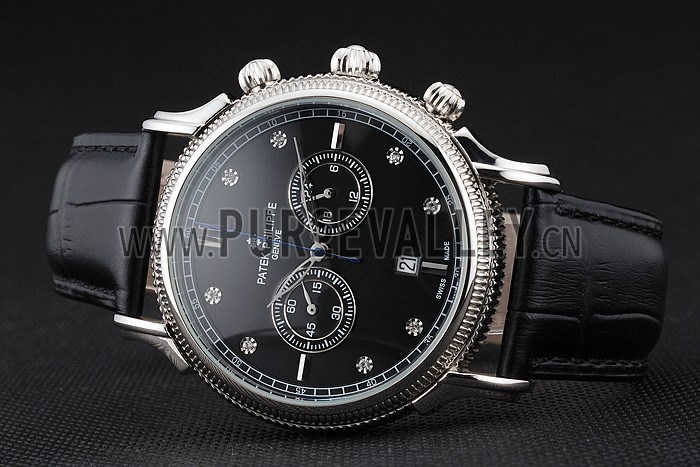 Patek Philippe Chronograph Black Dial With Diamonds Stainless Steel Case Black Leather Strap