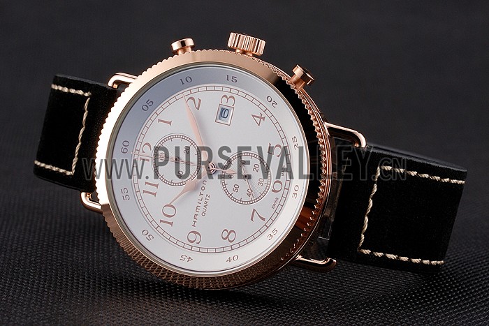 Hamilton Navy Pioneer Chrono White Dial Rose Gold Case Black Leather Strap