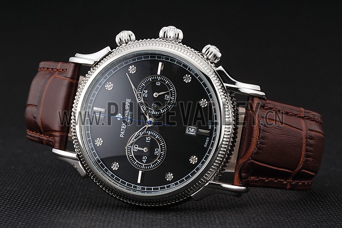 Patek Philippe Chronograph Black Dial With Diamonds Stainless Steel Case Brown Leather Strap