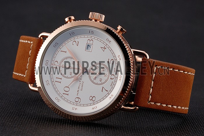 Hamilton Navy Pioneer Chrono White Dial Rose Gold Case Brown Leather Strap