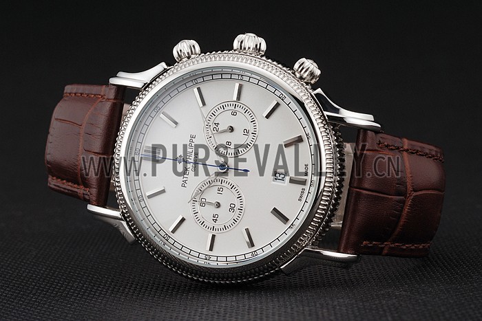 Patek Philippe Chronograph White Dial Stainless Steel Case Brown Leather Strap