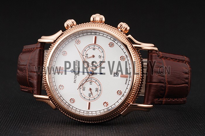 Patek Philippe Chronograph White Dial With Diamonds Rose Gold Case Brown Leather Strap