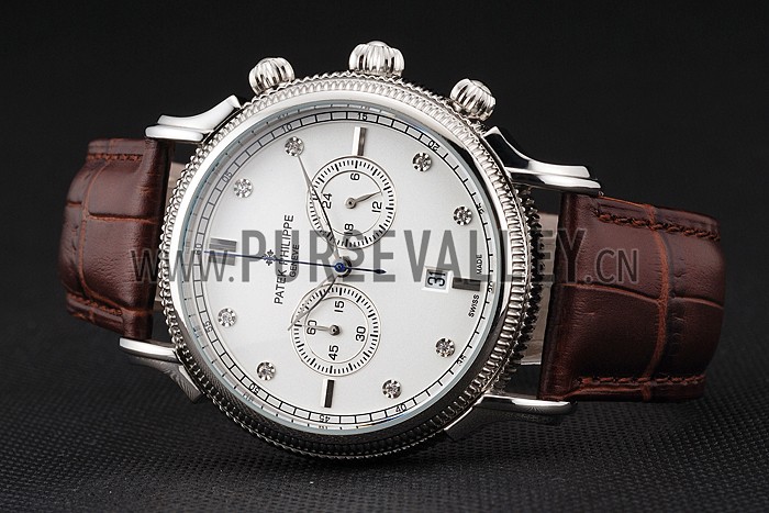 Patek Philippe Chronograph White Dial With Diamonds Stainless Steel Case Brown Leather Strap