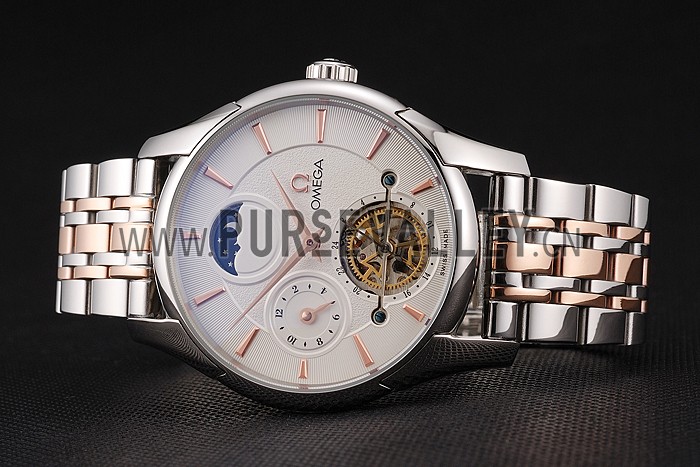 Omega De Ville Moonphase Tourbillon White Dial Stainless Steel Case Two Tone Steel Rose Gold Bracelet