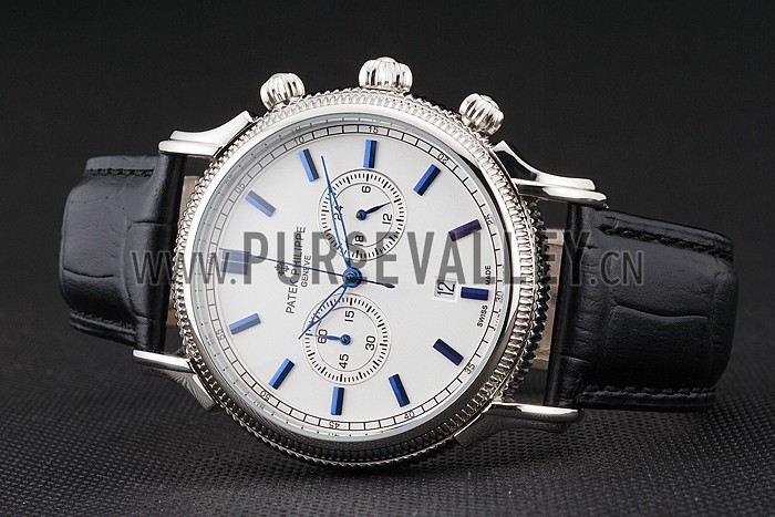 Patek Philippe Chronograph White Dial Blue Markings Stainless Steel Case Black Leather Strap